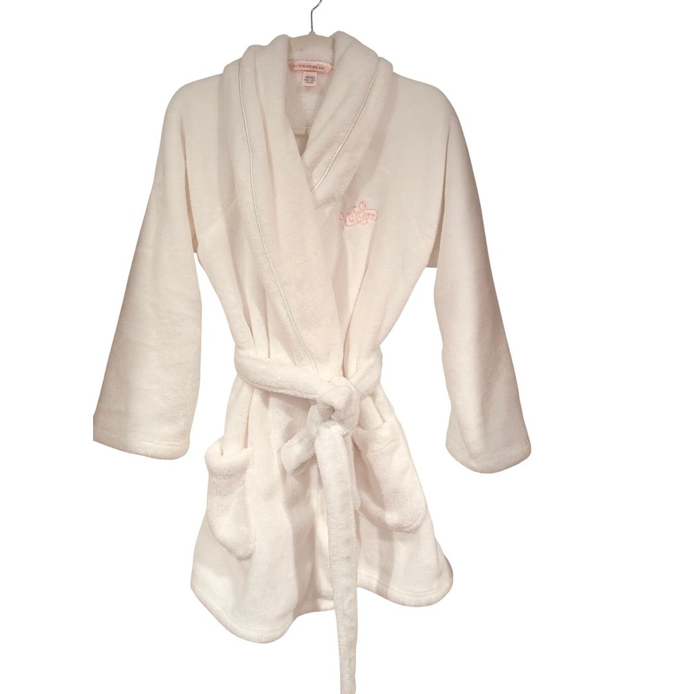 Victoria's Secret Robe XS/S White Plush Angel Embroidered Belted Cozy Loungewear